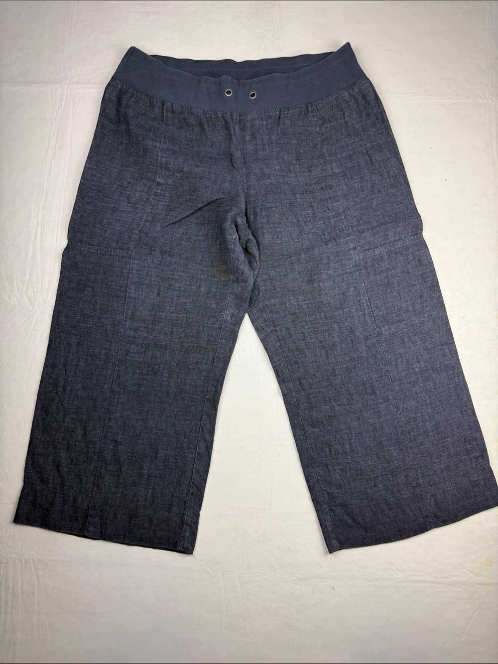 Eileen Fisher Navy Wide-Leg Cropped Pull-On Linen Pants Size M